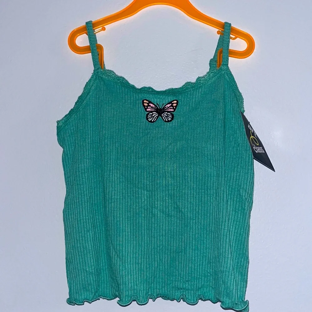 NWT Green Lettuce Hem Spaghetti Strap Monarch Butterfly Tank